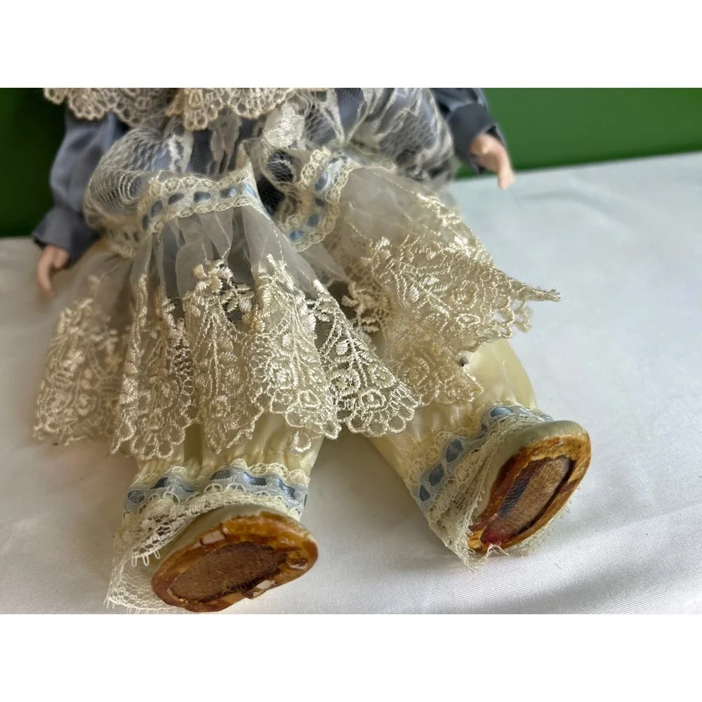 Vintage Porcelain Doll Blue Eyes Blonde Curls Victorian Lace Blue Cream Outfit